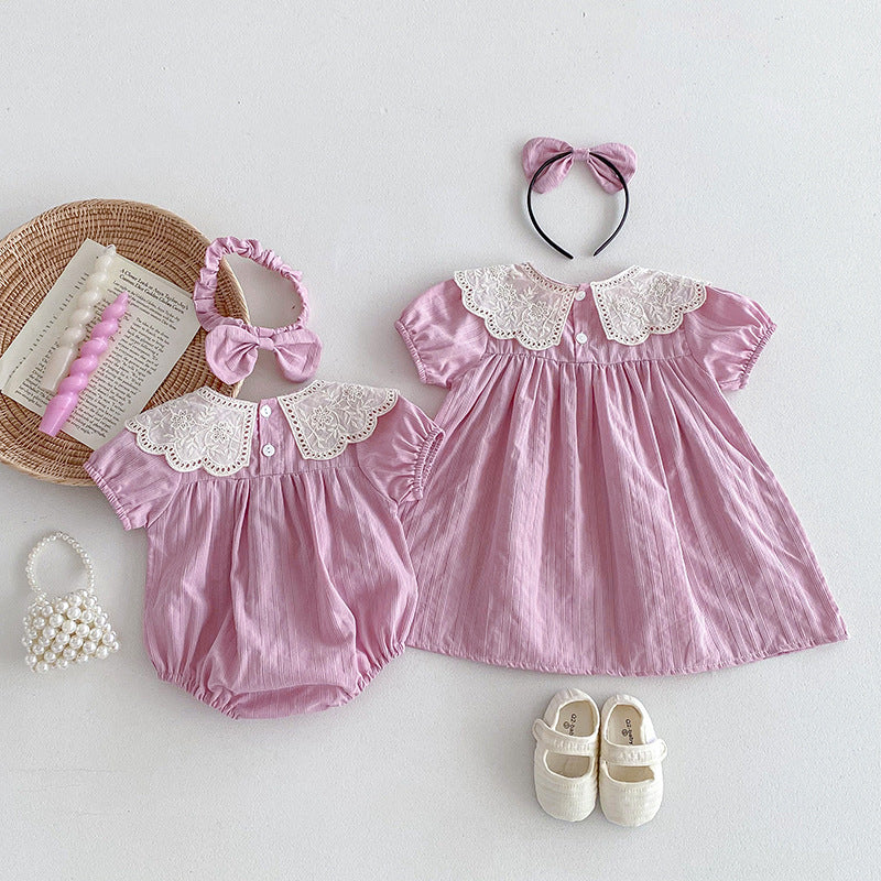 【姉妹服】夏新作 レース刺繍襟ロンパース、ワンピースSK081627