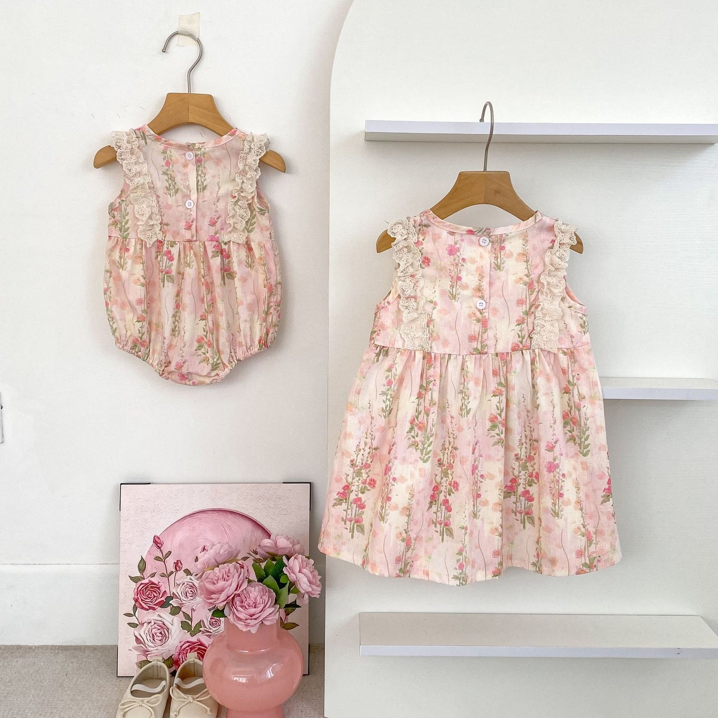 【姉妹服】夏新作 レース小花柄ロンパース、ワンピースSK081617