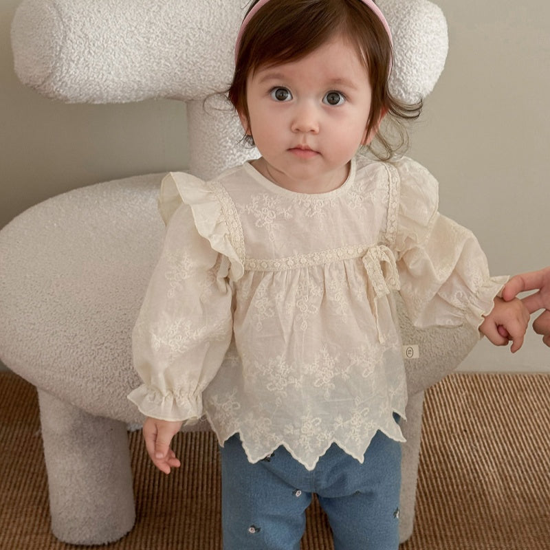 【BABY&KID】おしゃれフリルブラウス、刺繍デニムフレアパンツSK100317