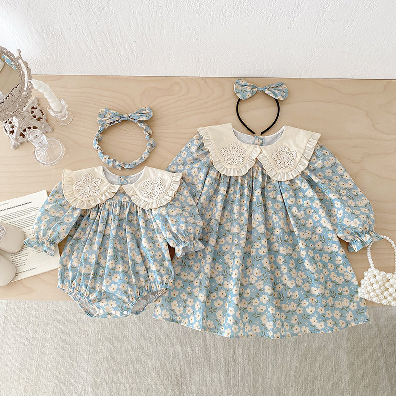 【姉妹服】花刺繍襟ロンパース、ワンピースSK101135