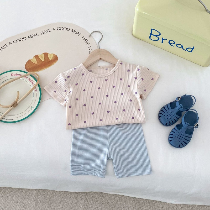 【BABY&KID】夏新作 ハートTシャツ&ボーダーショートパンツSK080212