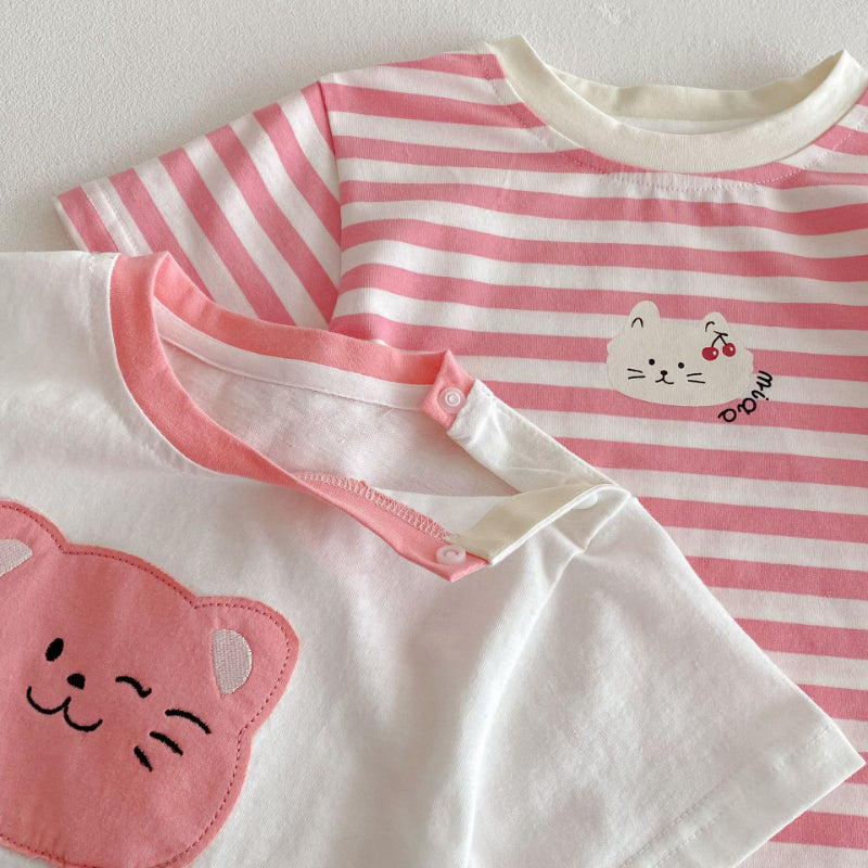 【BABY&KID】夏新作 ネコプリントTシャツ、ワンピ、サロペット、ドットパンツセットSKO71201