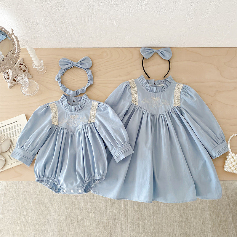 【姉妹服】フリル襟刺繍ロンパース、ワンピースSK101131
