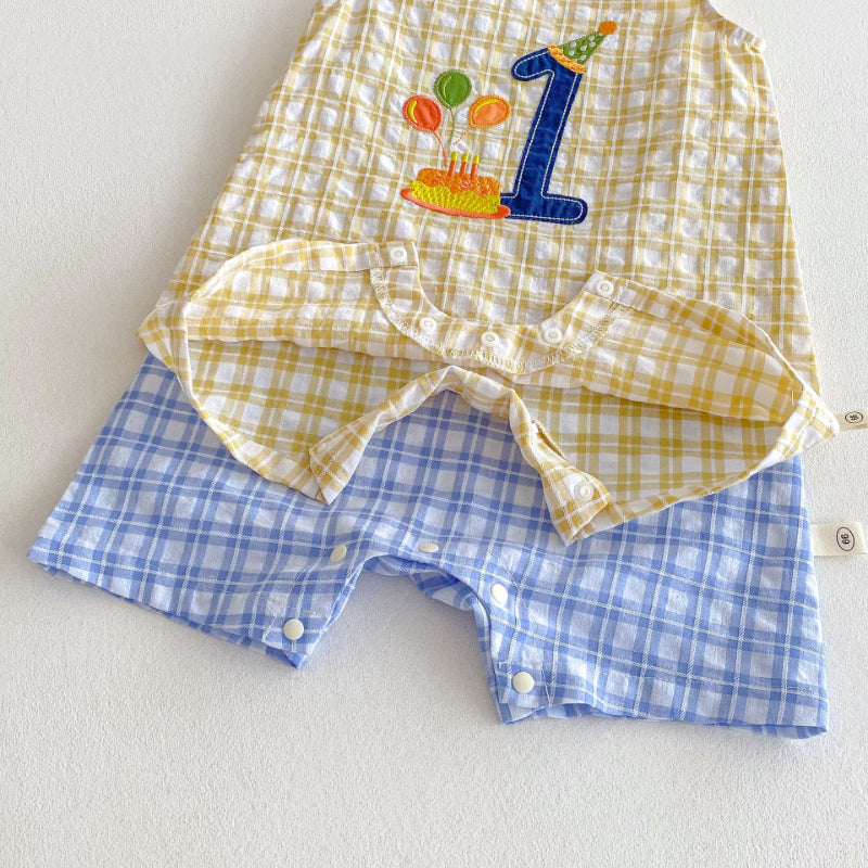 【BABY】夏新作 ベビー誕生日チェックノースリーブロンパースSK070115