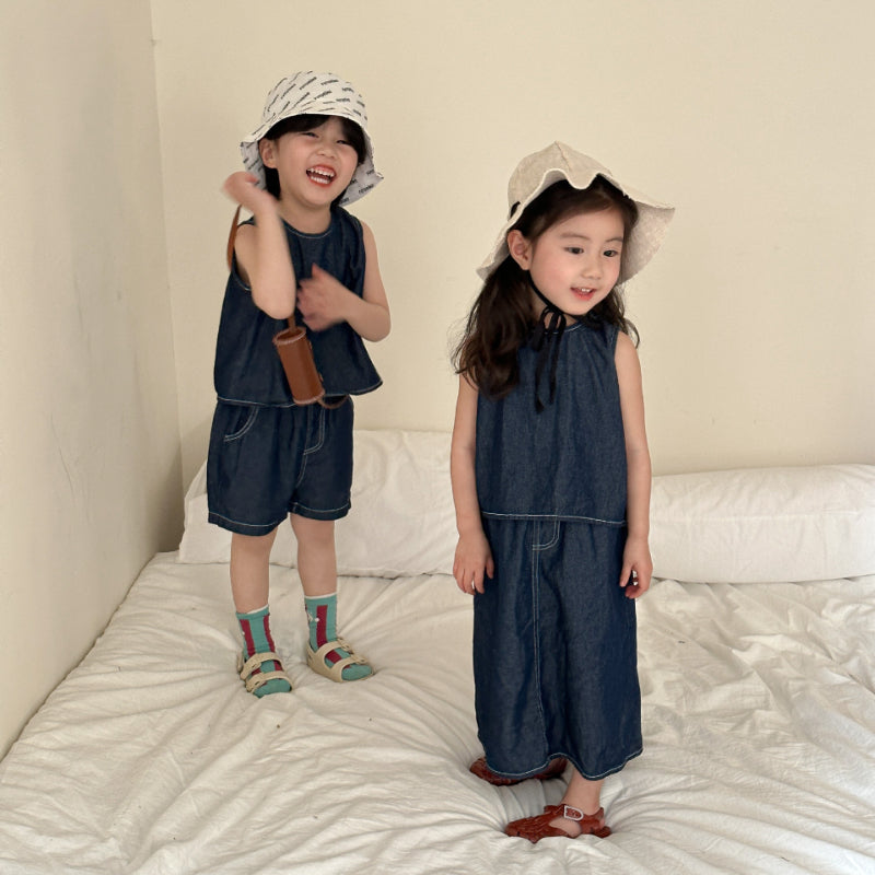 【BABY&KID】夏新作 ダークデニムベストワンピ、セットアップSK063013
