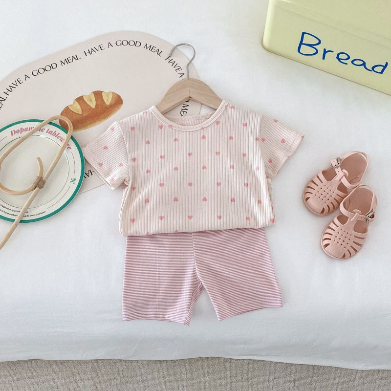 【BABY&KID】夏新作 ハートTシャツ&ボーダーショートパンツSK080212