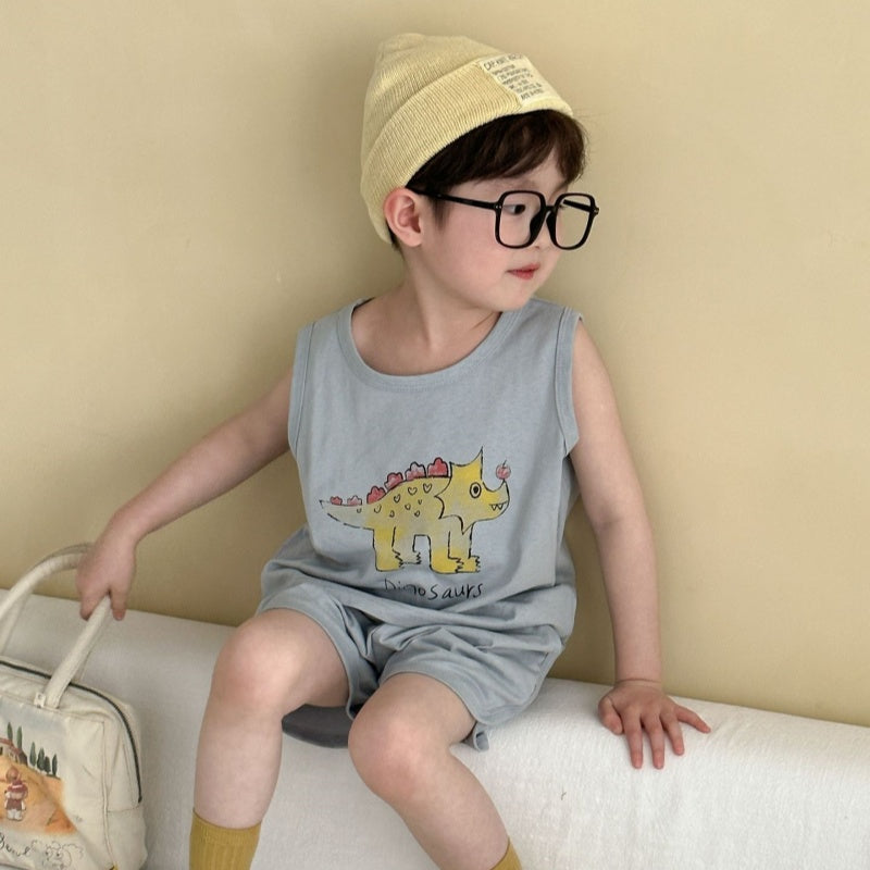 【BABY&KID】夏新作 英字と恐竜柄のノースリーブスーツSK063007