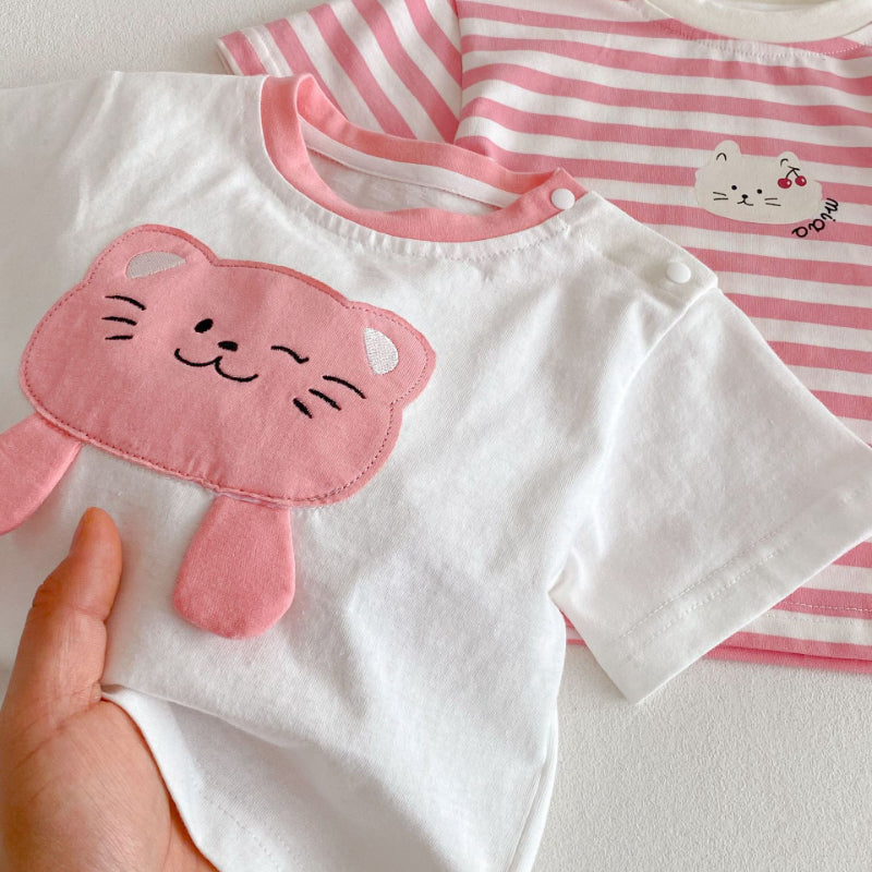 【BABY&KID】夏新作 ネコプリントTシャツ、ワンピ、サロペット、ドットパンツセットSKO71201