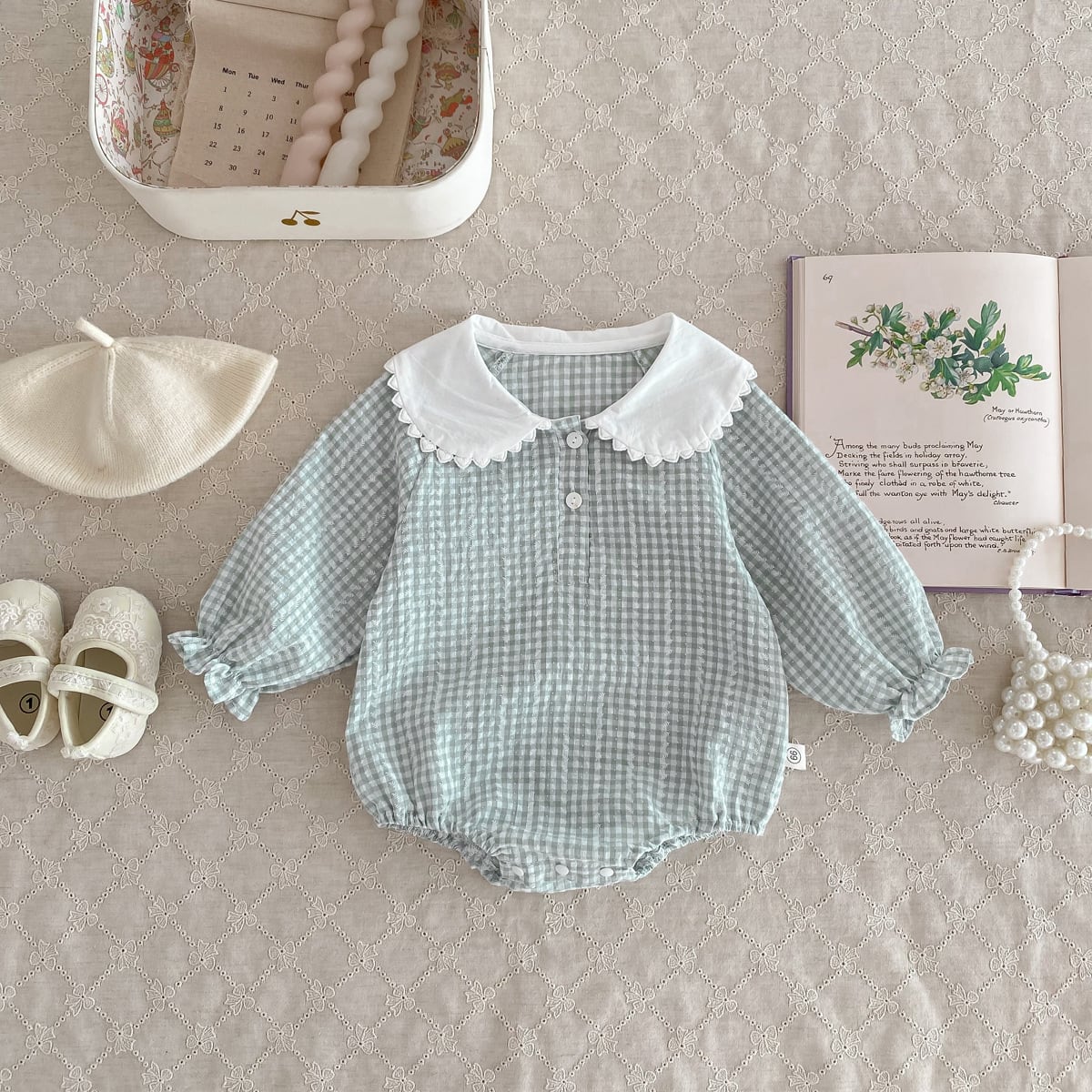 【BABY】グリーンチェックプリンセスロンパースSK031509