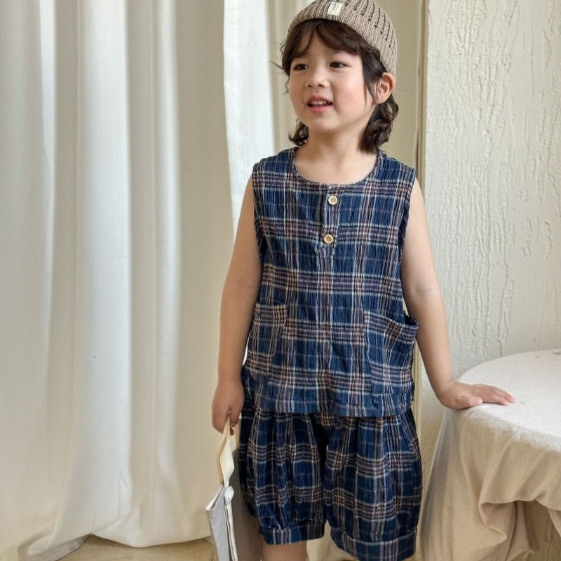 【BABY&KID】夏新作 ポケット付きチェックセットアップSK072107