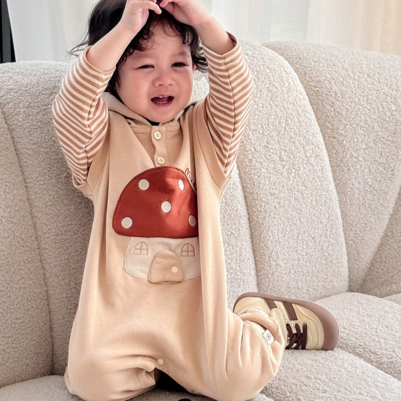 【BABY】ボーダー袖きのこ刺繍カバーオールSK100308