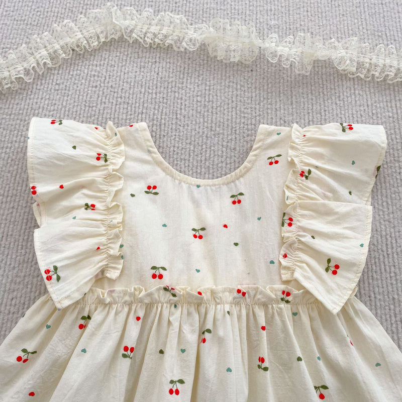【姉妹服】夏新作 さくらんぼ柄ビッグリボンロンパース、ワンピースSK072321