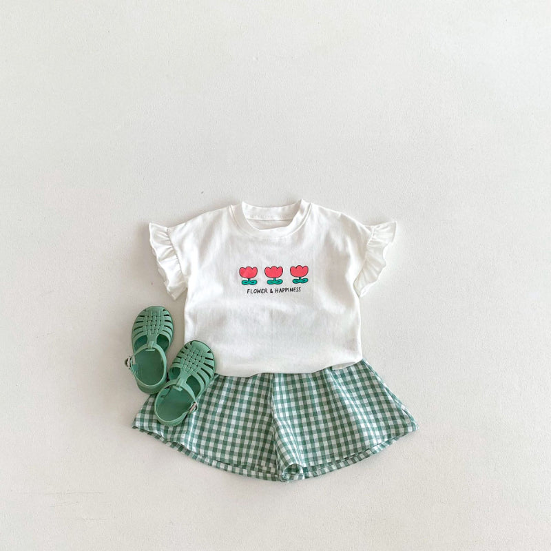 【BABY&KID】夏新作 フリル袖Tシャツ、チェックショートパンツSK091219