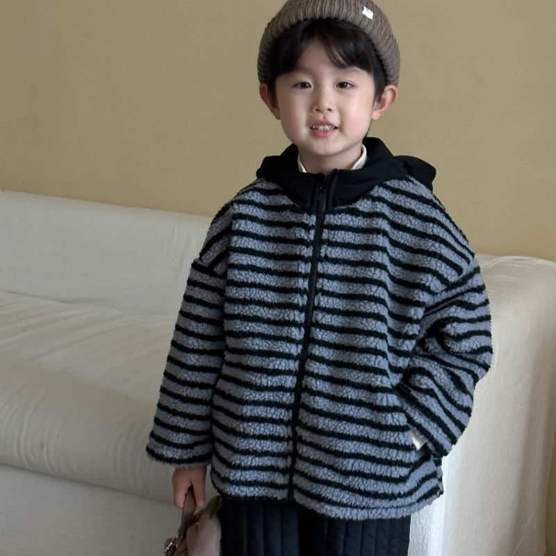【BABY&KID】冬新作 フード付きボーダー裏起毛アウターSK102027