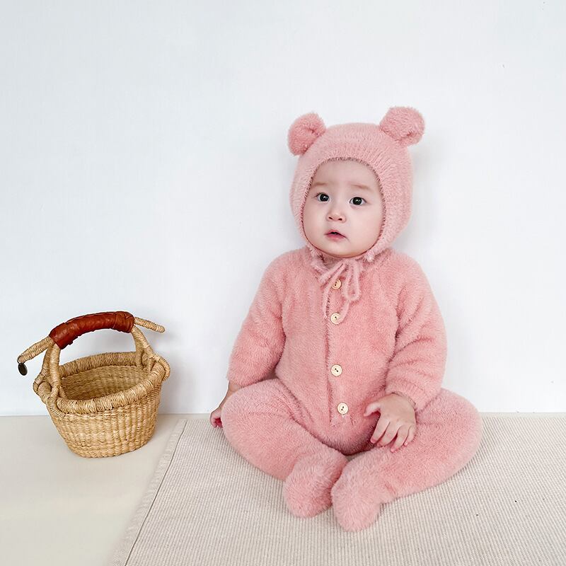 【BABY&KID】冬新作キュートピュアカラーミンクカシミアロンパース クマミミ帽子付きSK11377