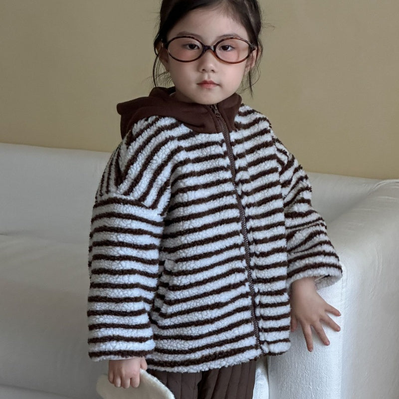 【BABY&KID】冬新作 フード付きボーダー裏起毛アウターSK102027