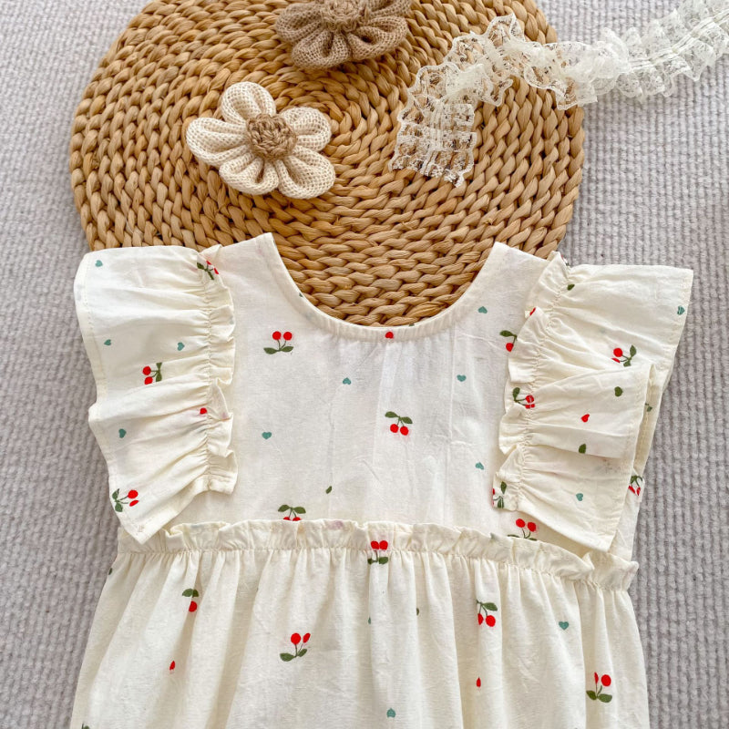 【姉妹服】夏新作 さくらんぼ柄ビッグリボンロンパース、ワンピースSK072321