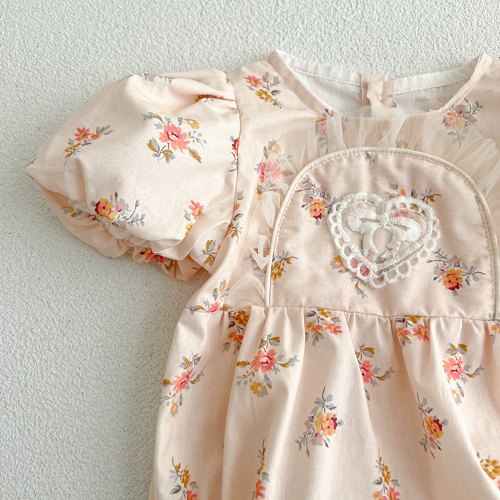 【姉妹服】夏新作 ピンク小花柄ロンパース、ワンピースSK081632