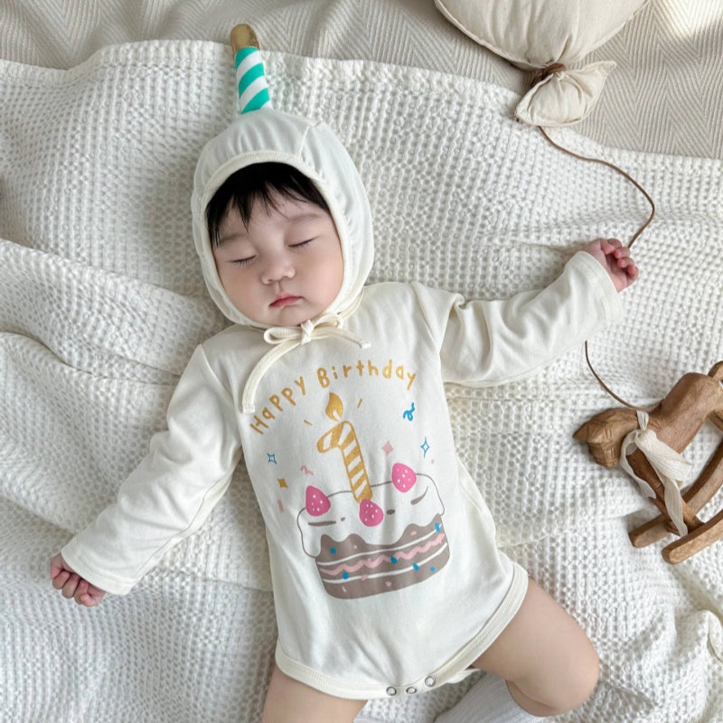 【BABY】バースデーケーキ柄ロンパース&帽子SK100301