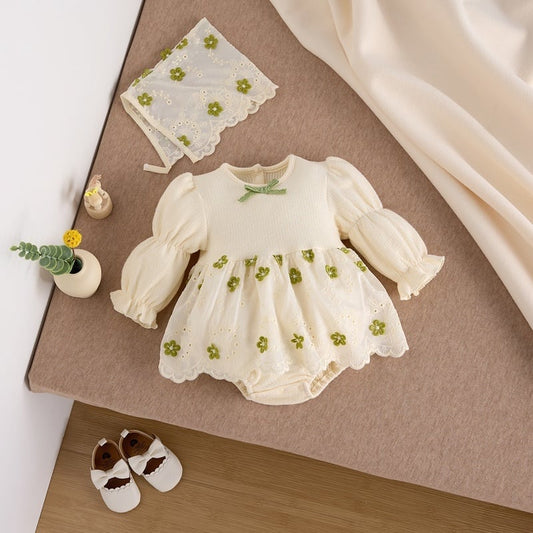 【BABY】グリーン花刺繡プリンセス風ロンパースSK051303