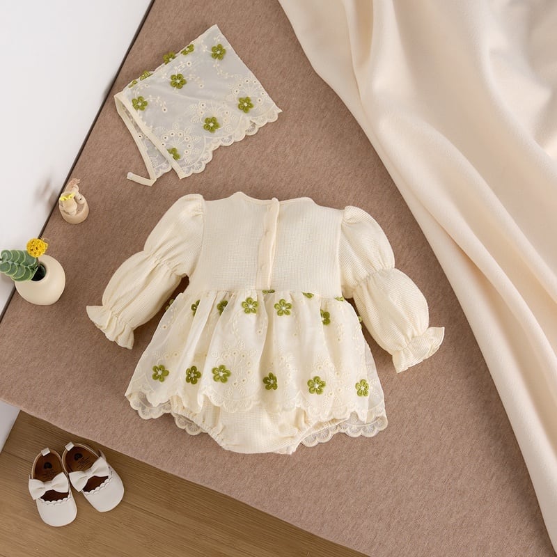 【BABY】グリーン花刺繡プリンセス風ロンパースSK051303