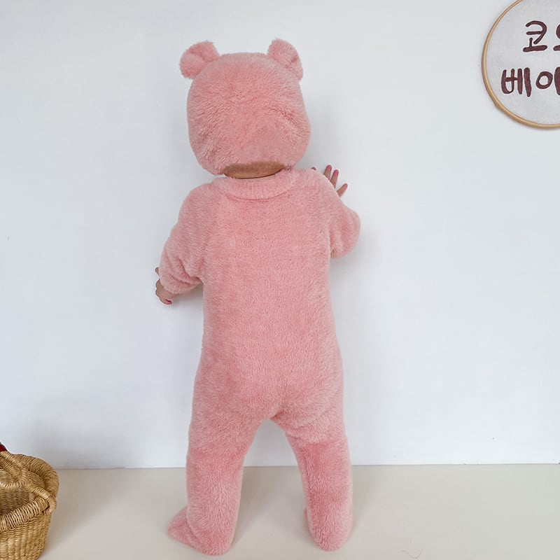 【BABY&KID】冬新作キュートピュアカラーミンクカシミアロンパース クマミミ帽子付きSK11377