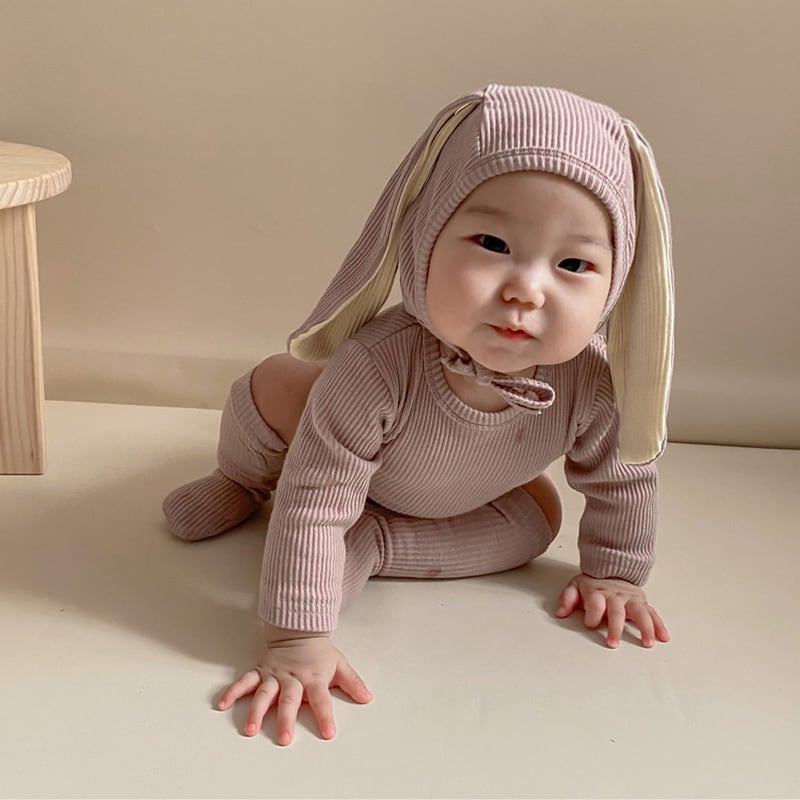 【BABY】ウサギ耳帽子付け純色綿製ロンパースセット2色SK11362