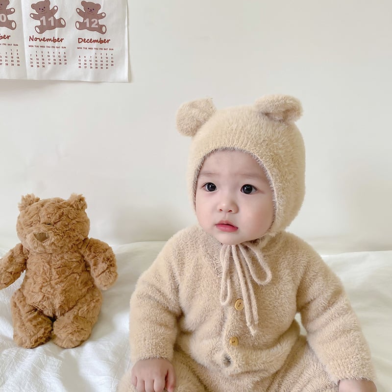 【BABY&KID】冬新作キュートピュアカラーミンクカシミアロンパース クマミミ帽子付きSK11377
