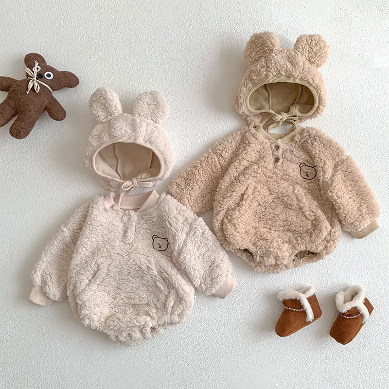 【BABY】冬新作クマ柄帽子付き起毛ロンパース 全2色SK11389