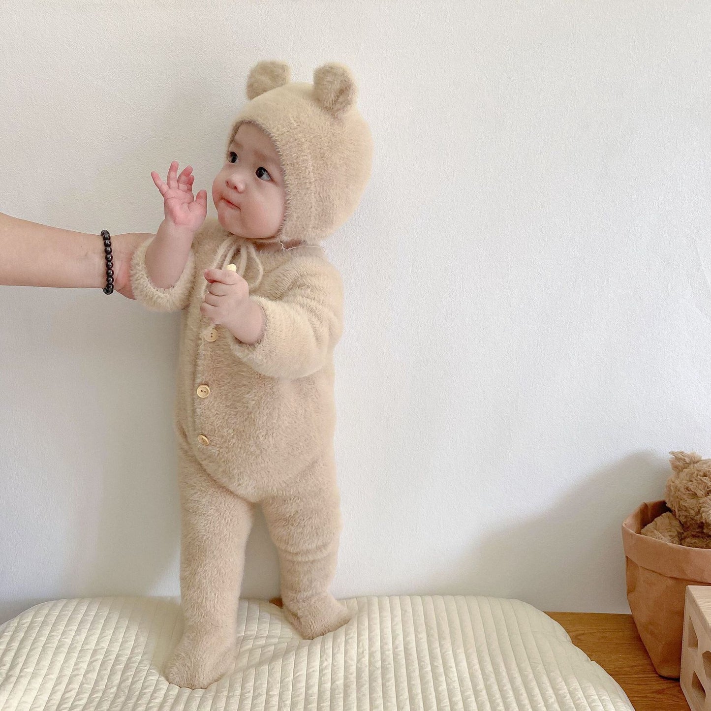 【BABY&KID】冬新作キュートピュアカラーミンクカシミアロンパース クマミミ帽子付きSK11377