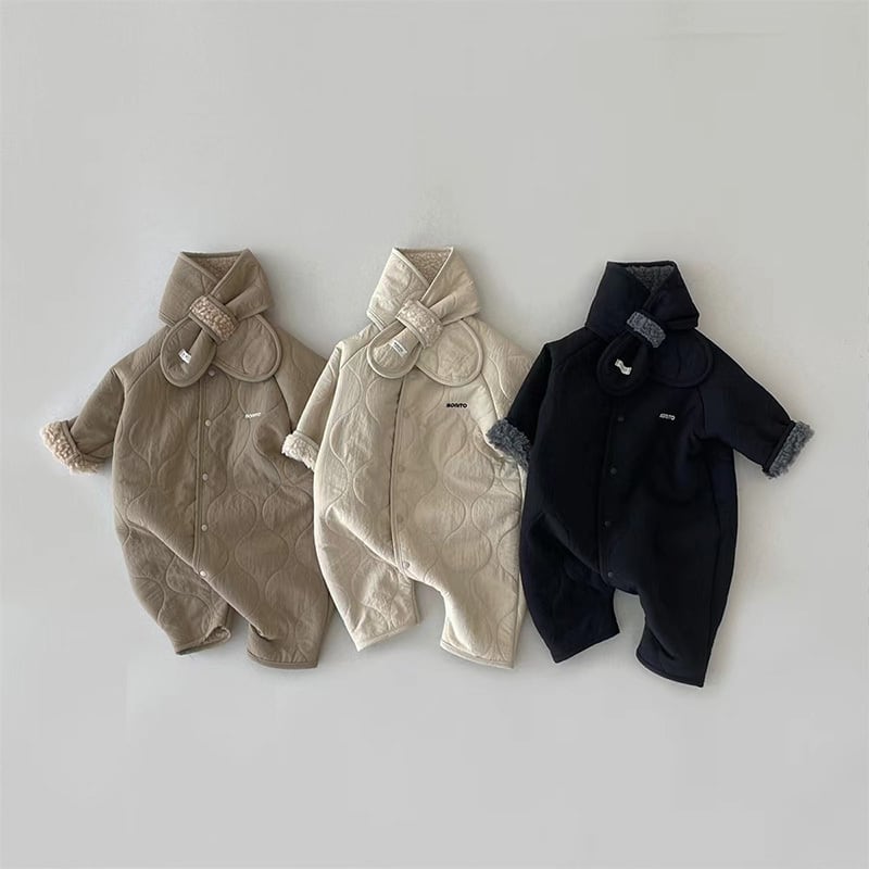 【BABY】冬新作中綿キルティングマフラー付けオールインワン 全3色SK11356