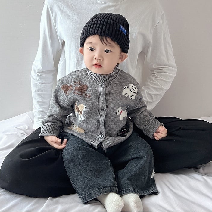 【BABY&KID】可愛いペット柄グレーカーディガンSK051408