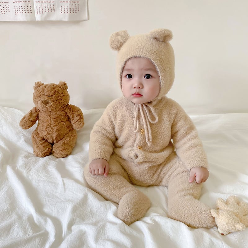 【BABY&KID】冬新作キュートピュアカラーミンクカシミアロンパース クマミミ帽子付きSK11377