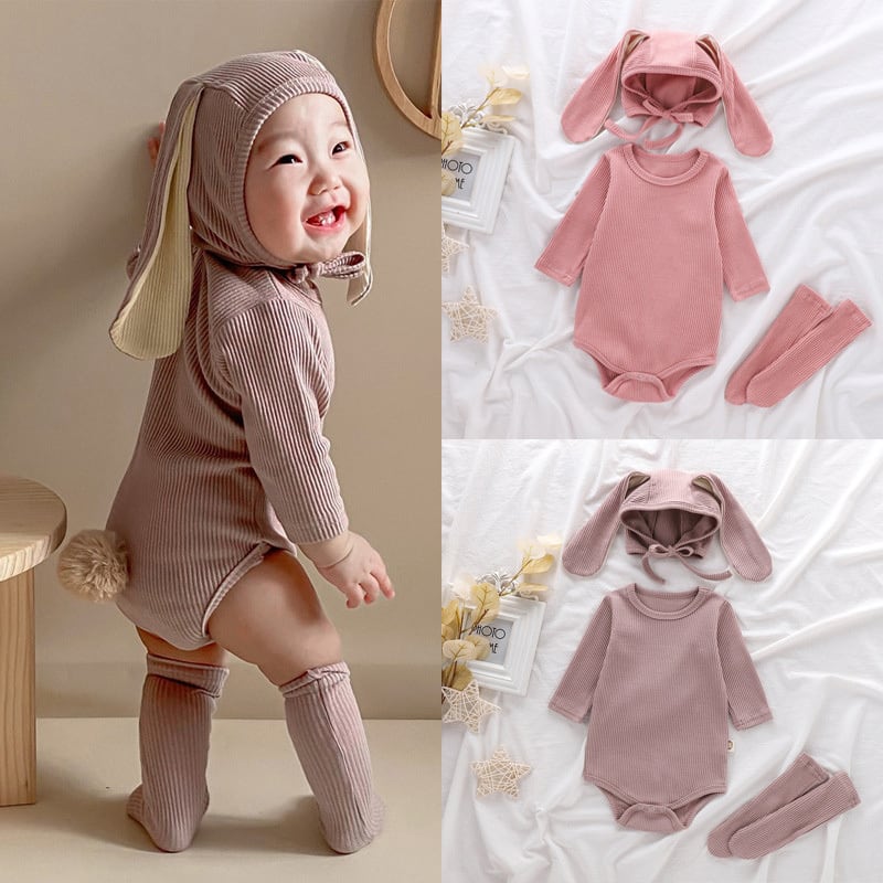 【BABY】ウサギ耳帽子付け純色綿製ロンパースセット2色SK11362