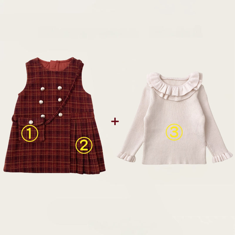 【BABY&KID】冬新作 チェックジャンパースカート&フリルニット&バッグ3点セットSK102430