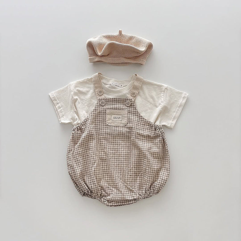 【BABY】夏新作 チェックサロペットロンパース&半袖TシャツSK010201