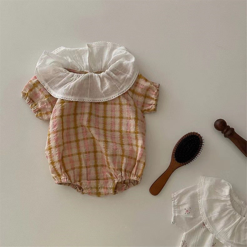 【BABY】夏新作 チェック、フラワーラッフルカラーロンパースSK071601