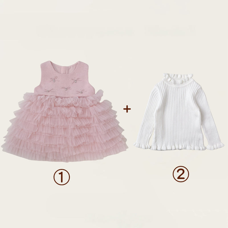 【BABY&KID】冬新作 立体リボンチュールワンピース&フリルニットSK102426