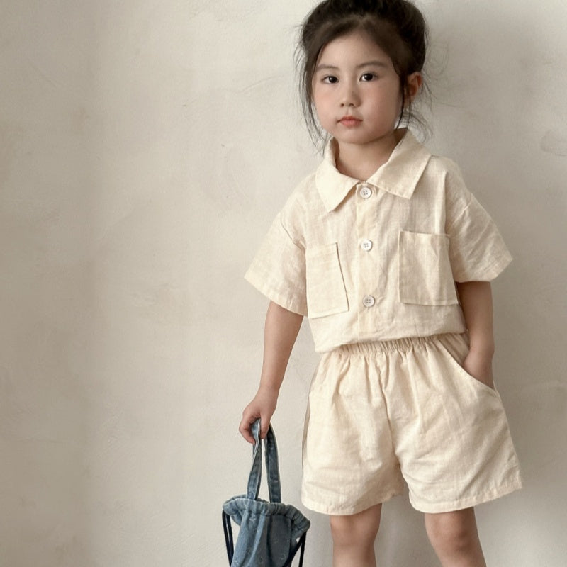 【BABY&KID】夏新作 コットン無地ポケットセットアップ SK063004