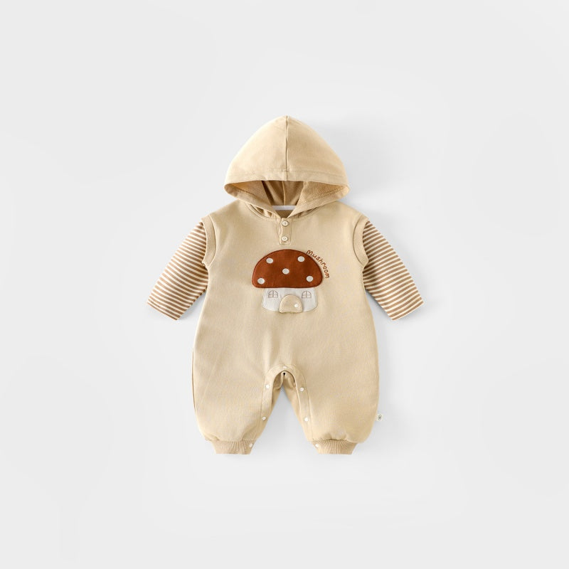 【BABY】ボーダー袖きのこ刺繍カバーオールSK100308