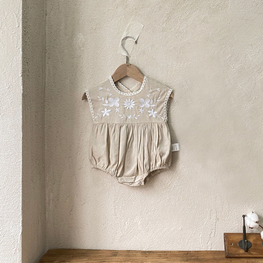 【BABY】夏新作 綿麻フラワー刺繍ロンパースSK091115