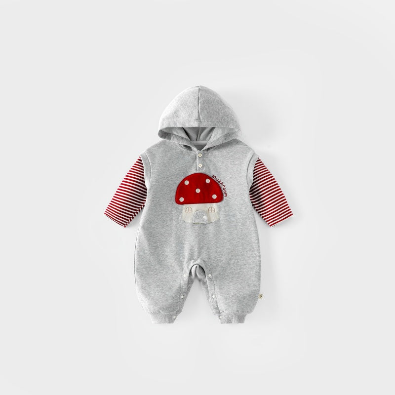 【BABY】ボーダー袖きのこ刺繍カバーオールSK100308