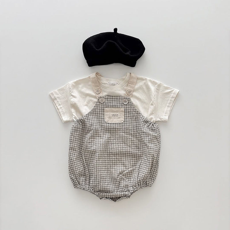 【BABY】夏新作 チェックサロペットロンパース&半袖TシャツSK010201