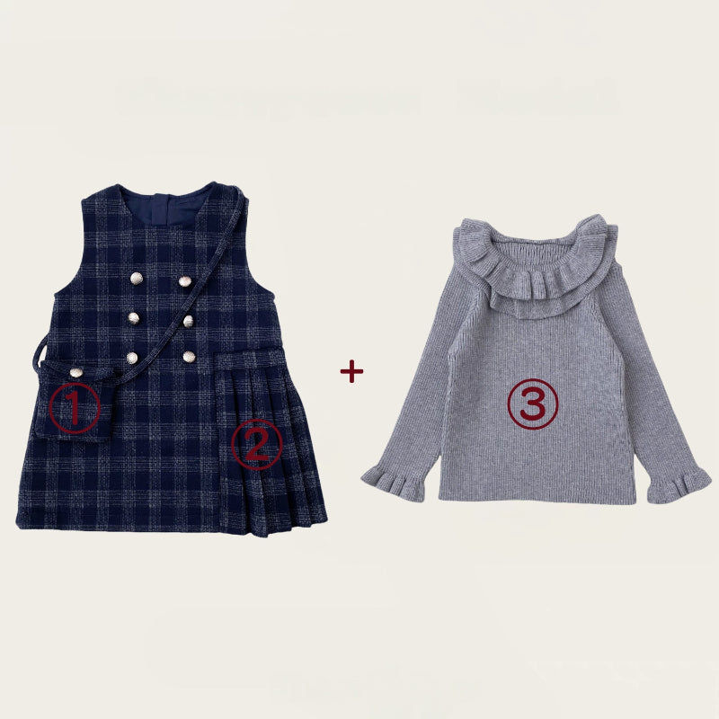 【BABY&KID】冬新作 チェックジャンパースカート&フリルニット&バッグ3点セットSK102430