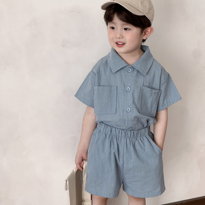 【BABY&KID】夏新作 コットン無地ポケットセットアップ SK063004