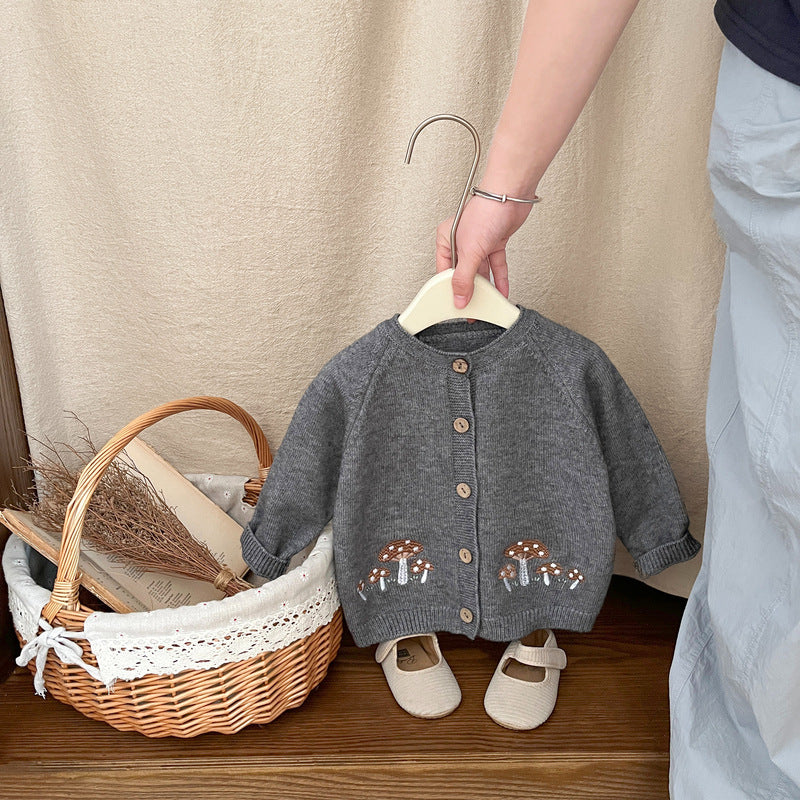 【BABY】きのこ刺繍サロペットロンパース、カーディガンSK101814