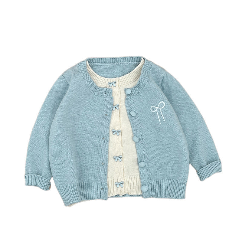 【BABY&KID】フェイクレイヤード蝶結び刺繍ニットカーディガンSK100213
