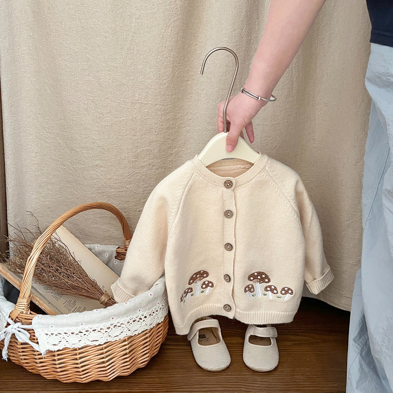 【BABY】きのこ刺繍サロペットロンパース、カーディガンSK101814