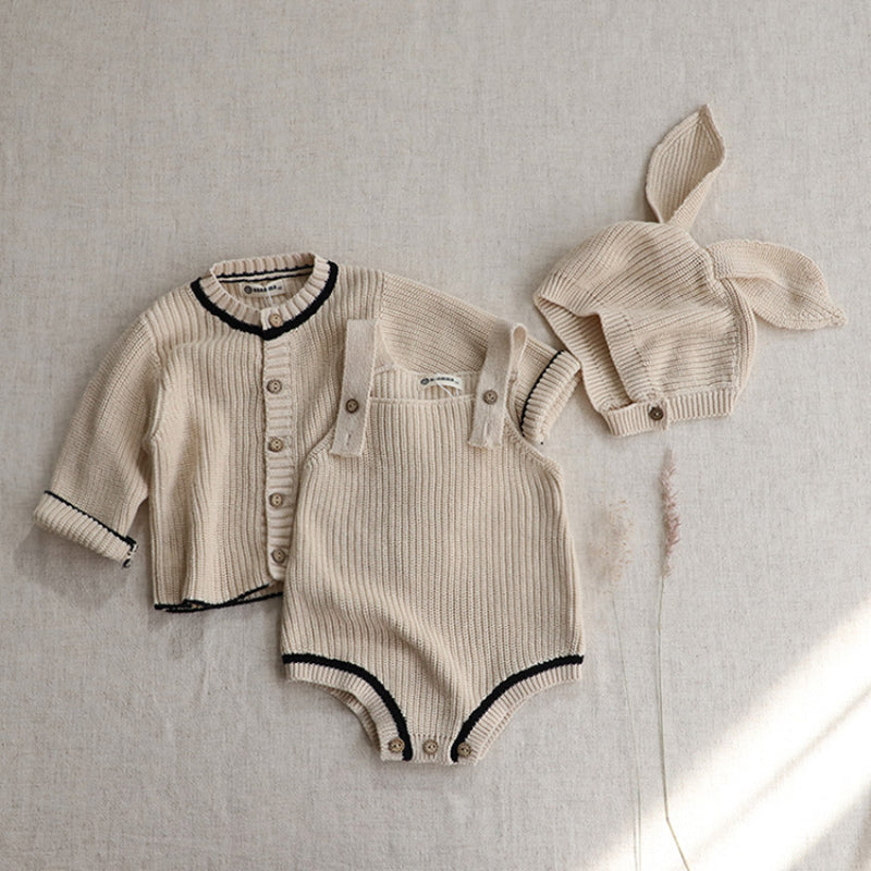 【BABY】無地ニットカーディガン、サロペットロンパース、大きな耳帽子SK101529