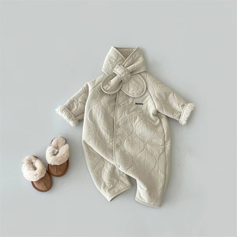 【BABY】冬新作中綿キルティングマフラー付けオールインワン 全3色SK11356